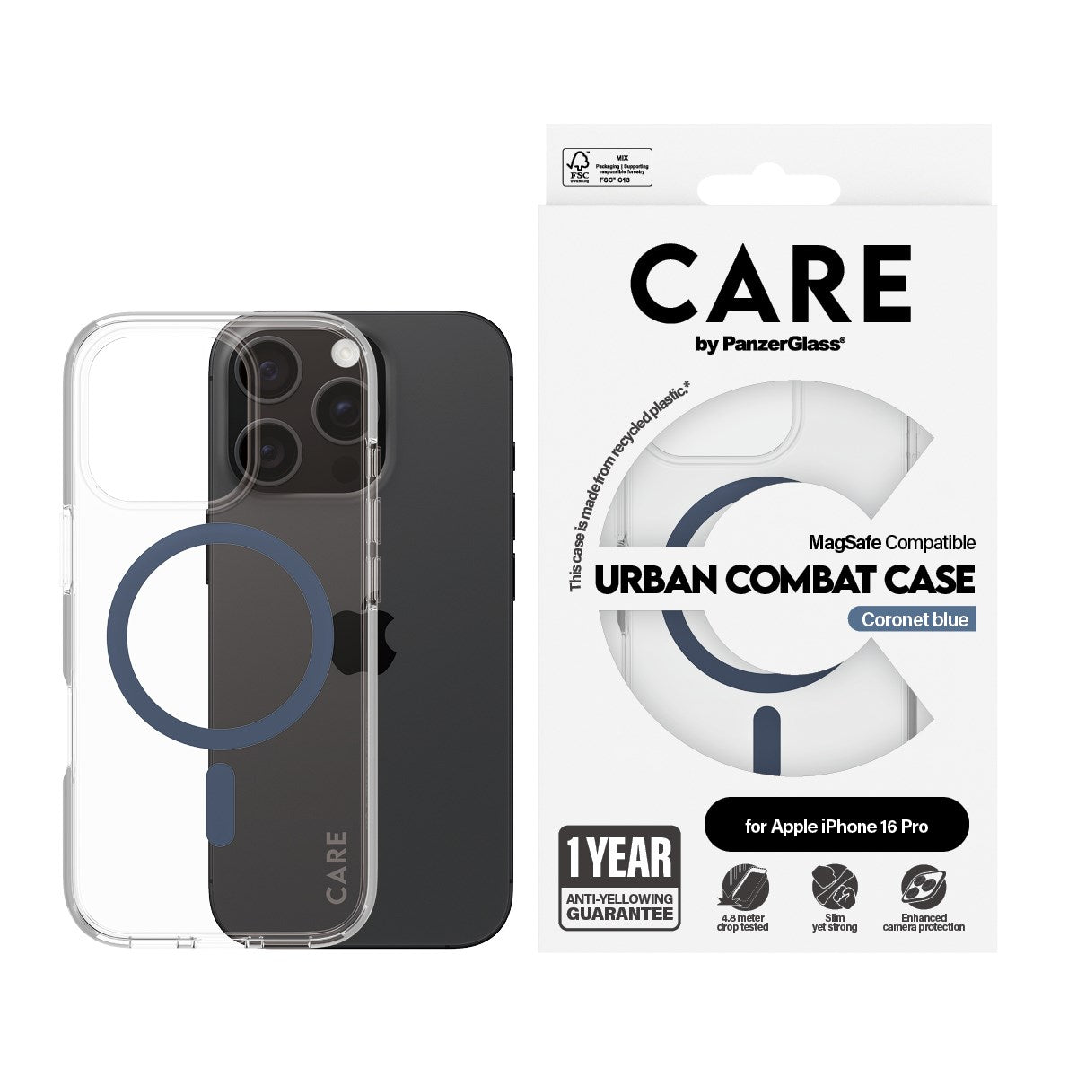 CARE by PanzerGlass® Flagship Case Transparent Urban Combat m. Blau MagSafe iPhone 16 Pro